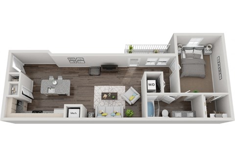 Floor plan for 1 bed, 1 bath, 891 sqft